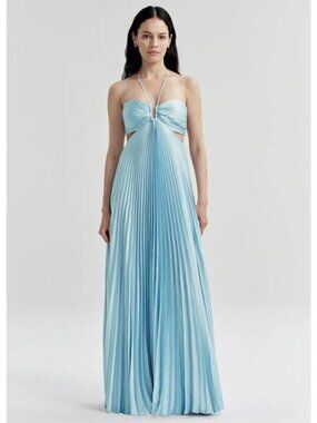 ALC Moira Satin Pleated Maxi Dress Delphinium Blue